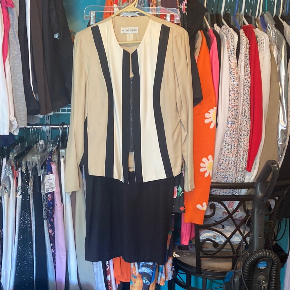 Beige and Black Striped Jacket and Skirt Set